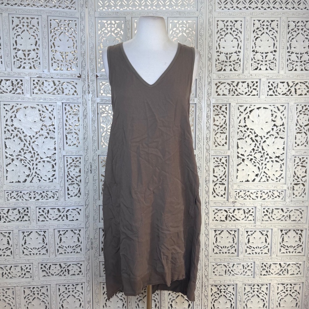 XCVI Brown Asymmetric Midi Dress Womens Small Lagenlook Boho Pockets Minimalist
